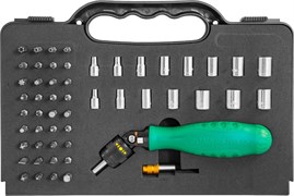 DR0253S Рукоятка отверточная трещоточная с гибкой головкой в наборе с битами и головками, 53 предмета 89613